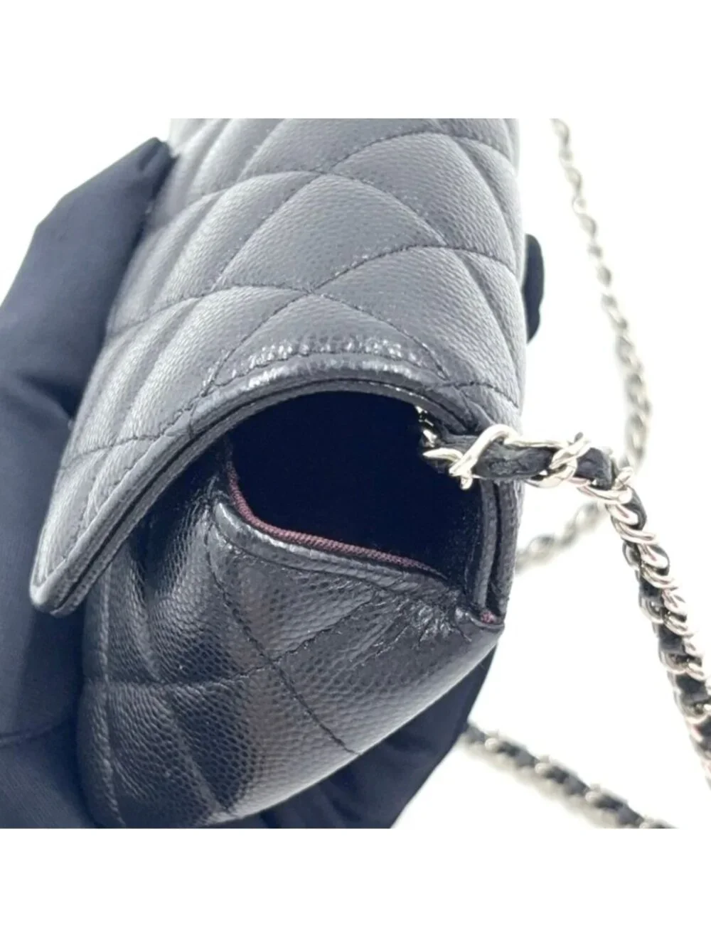Chanel Quilted Eyewear Case Caviar Leather Black Chain Shoulder Bag Silver
